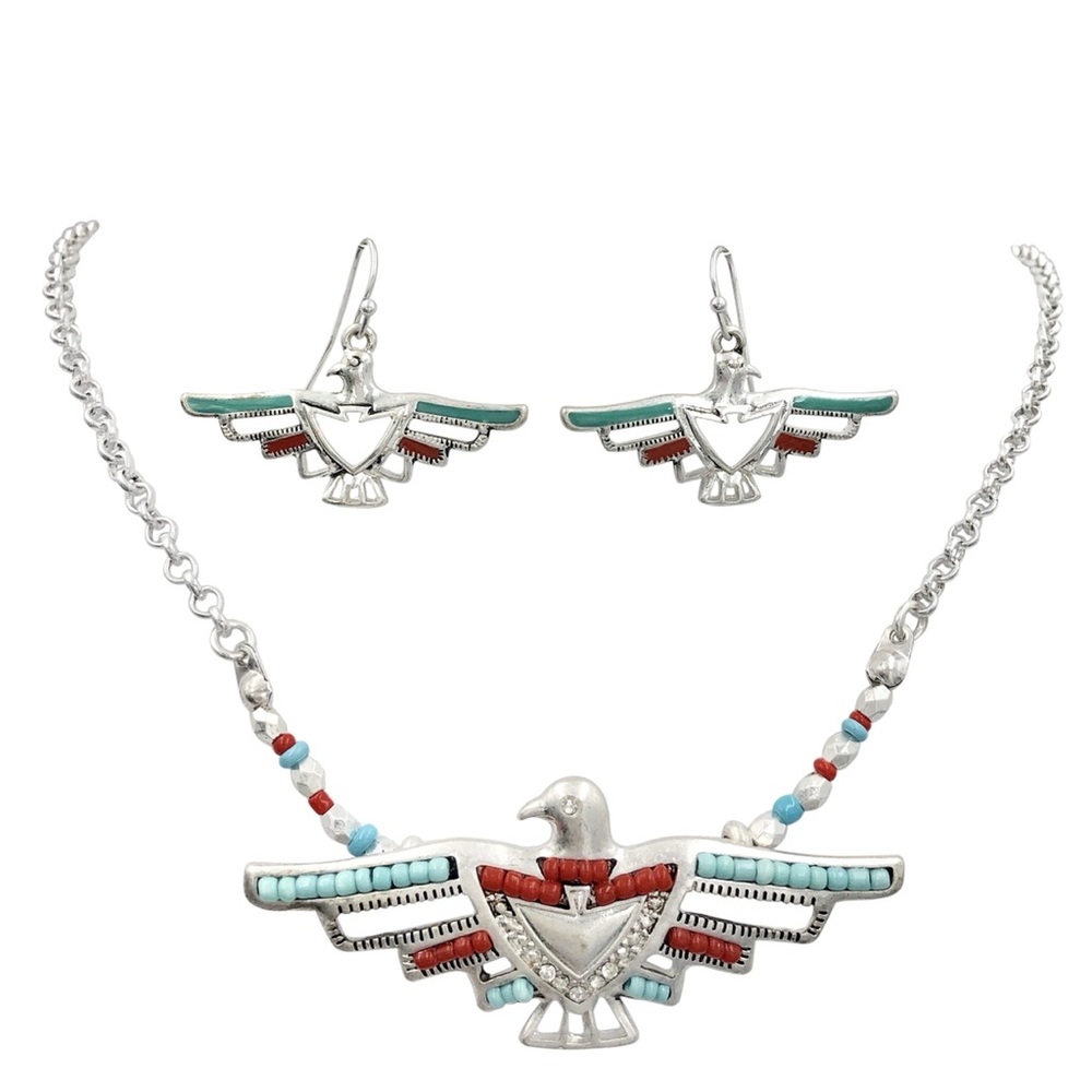Tribal Eagle Thunderbird Red Aqua Blue Beaded Silver Necklace Earrings Set